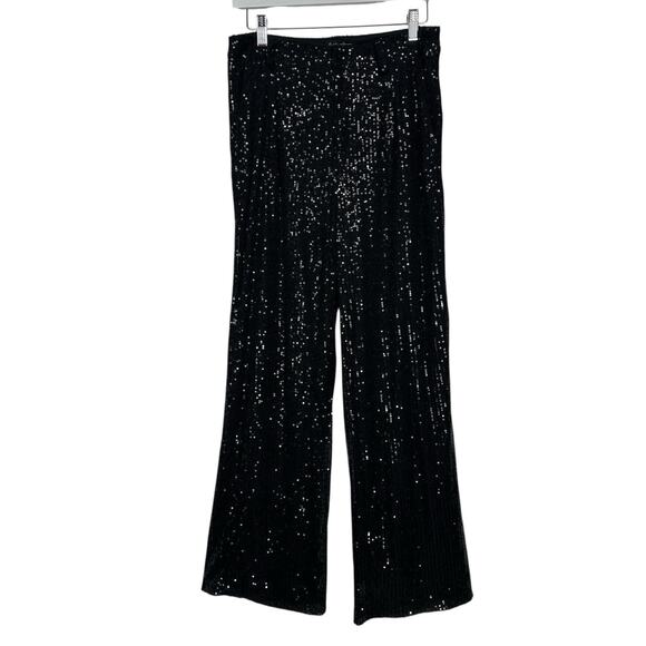 Hunter Brown Pants Women Small Black Sequin Wide Leg Sparkle Glam NYE Party Club - Picture 1 of 12